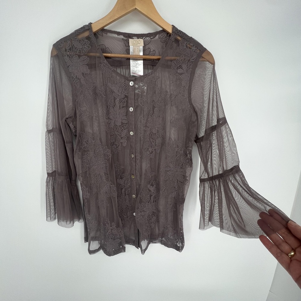 LOGO Lavish Top Womens XS Brown Sheer Embroidered Floral Bell Sleeve Tunic
